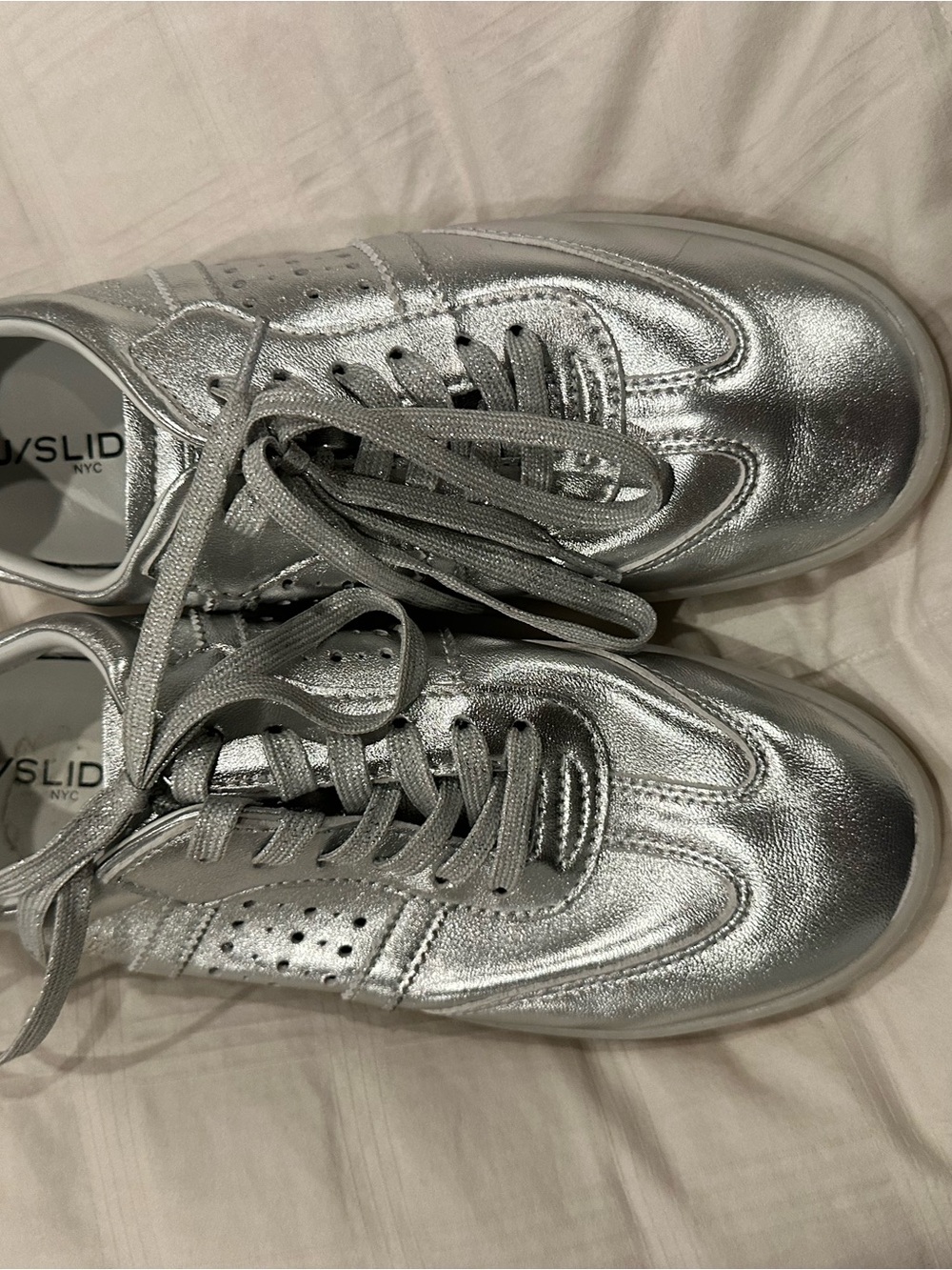 J Slides Metallic Silver Leather Sneakers